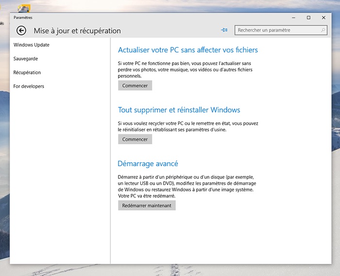 Windows 10 : choix de réinstallation