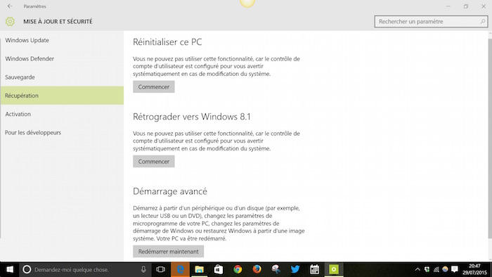 Rétrograder de Windows 10 vers Windows 8.1