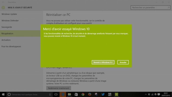 Revenir à Windows 8.1 depuis Windows 10