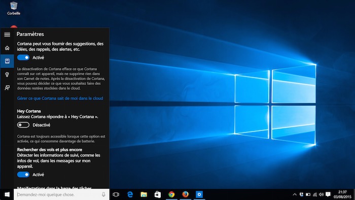 Windows 10 : activation de Cortana