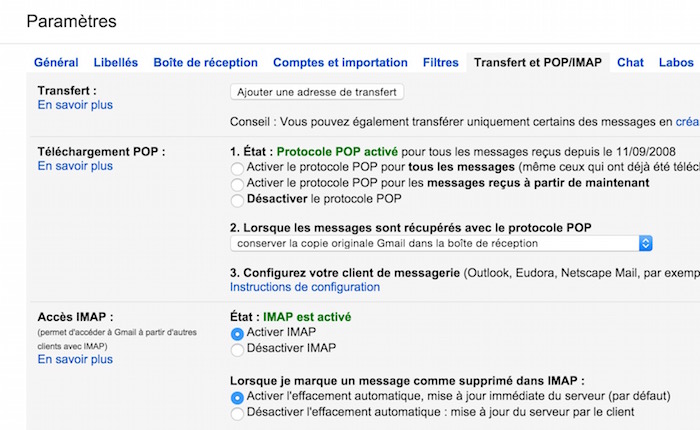 Configuration Transfert et POP/IMAP dans Gmail