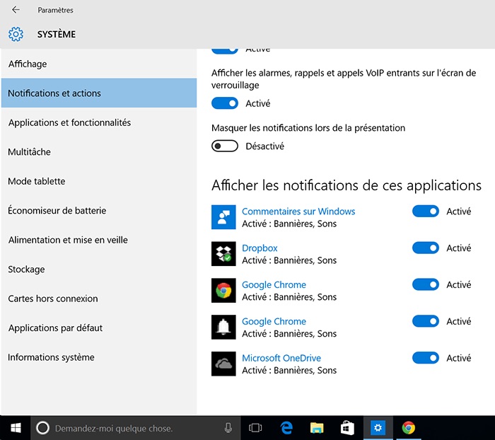 Windows 10 : Centre de notifications