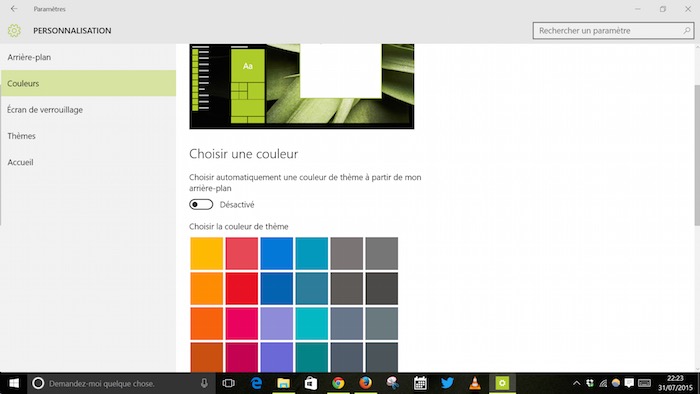 Choix des couleurs de Windows 10