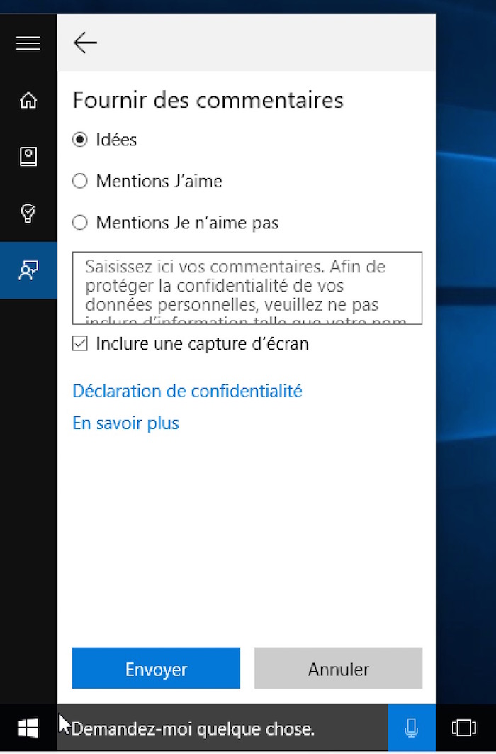 Cortana sur Windows 10 : rétroaction