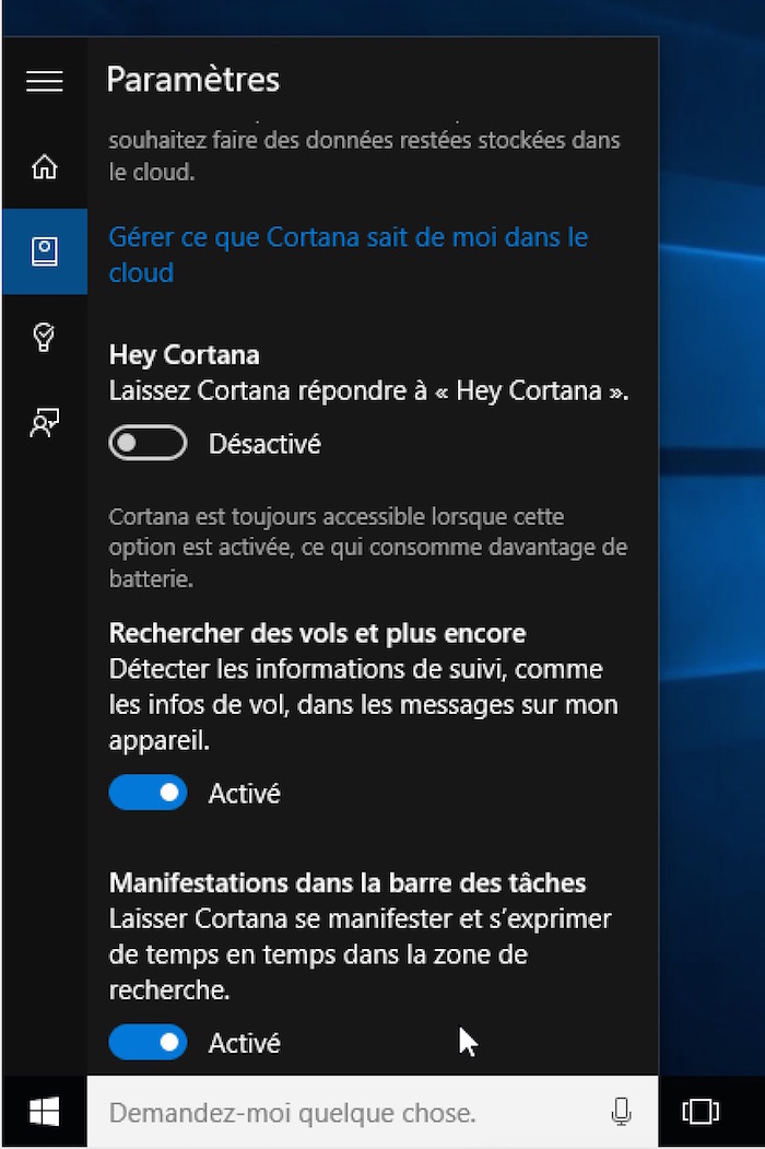 Cortana sur Windows 10 : paramètres