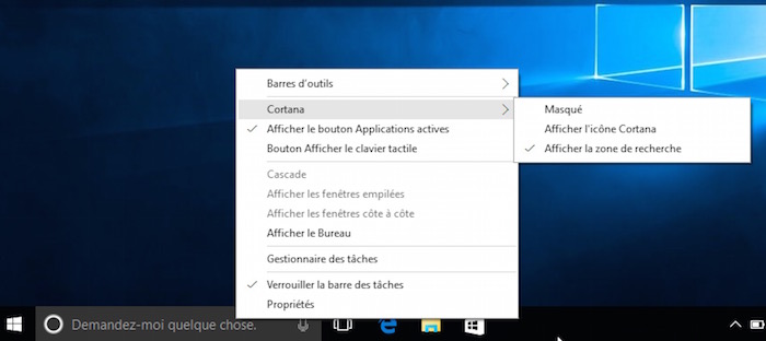 Cortana sur Windows 10 : paramètres dans la barre des tâches