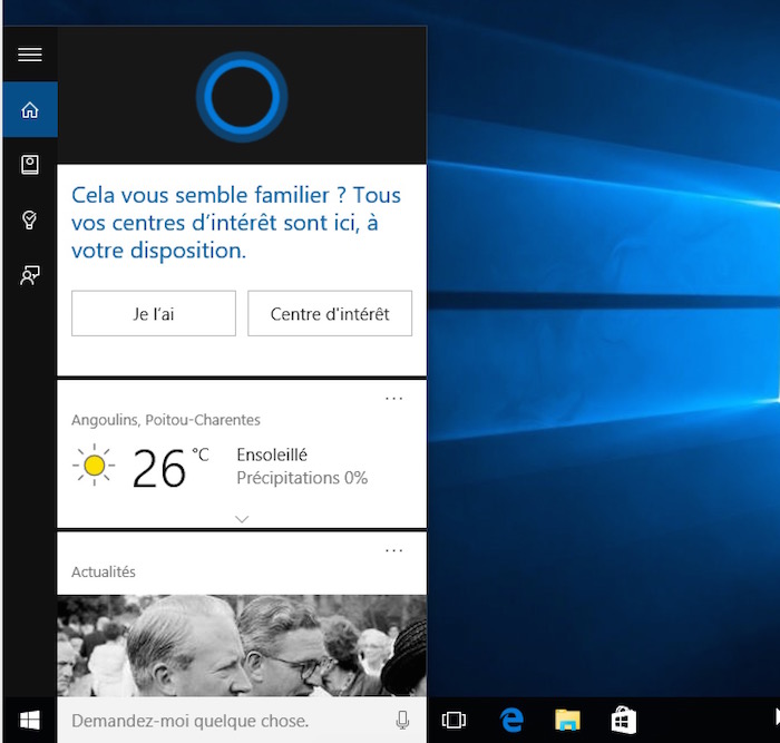 Cortana sur Windows 10 : affichage de Cortana