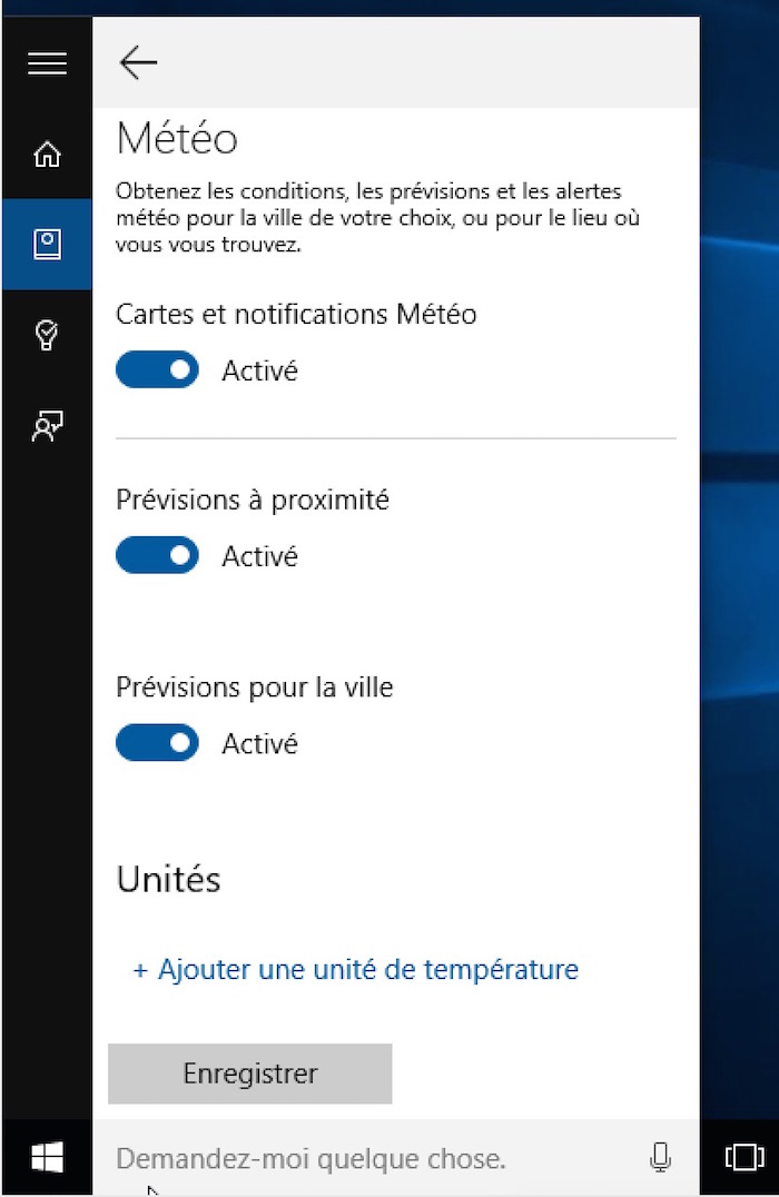 Cortana sur Windows 10 : carte 'Météo'