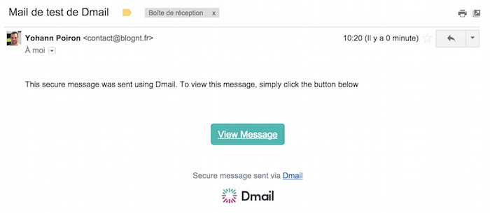 Mail reçu dans Gmail avec l'extension Dmail active