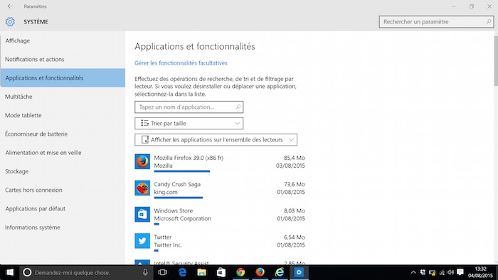 Windows 10 : Applications et fonctionnalités