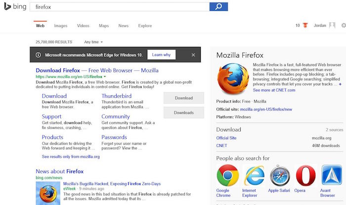 Bing favorise Microsoft Edge lorsque vous recherchez depuis Chrome ou Firefox