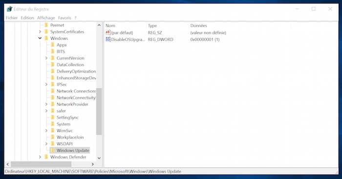 Ajout d'une valeur DisableOSUpgrade dans la base de registre