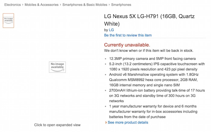 LG Nexus 5X dévoilé avant l'heure par Amazon Inde ?