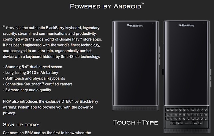 BlackBerry Priv : une page d'inscription dévoile le smartphone