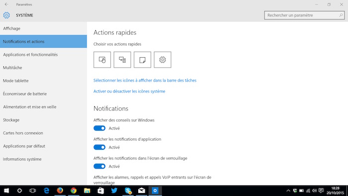 Paramètres de Notifications et actions de Windows 10