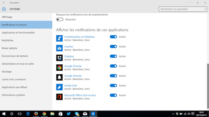 Applications utilisant les notifications de Windows 10