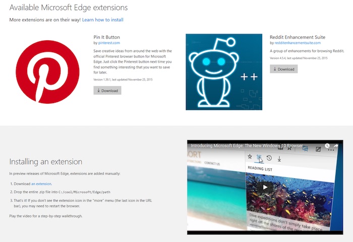 Microsoft Edge : extensions Pinterest et Reddit
