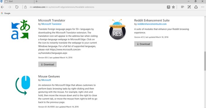 Windows 10 Anniversary Update : extensions Microsoft Edge