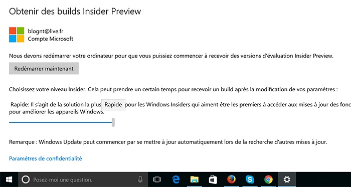 Bash sur Windows 10 : choix du canal Rapide