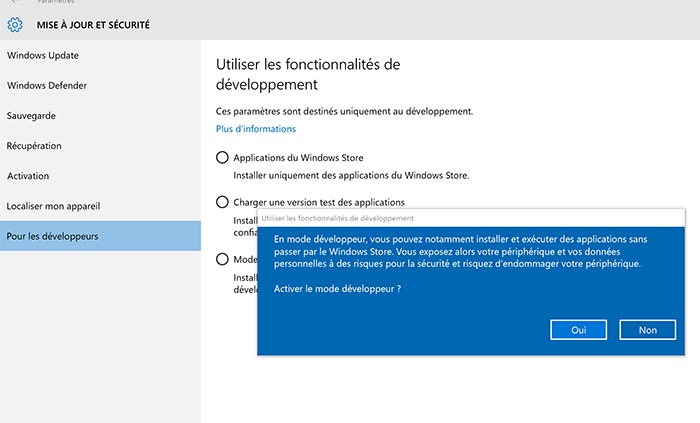 Bash sur Windows 10 : menu 'Pour les développeurs'