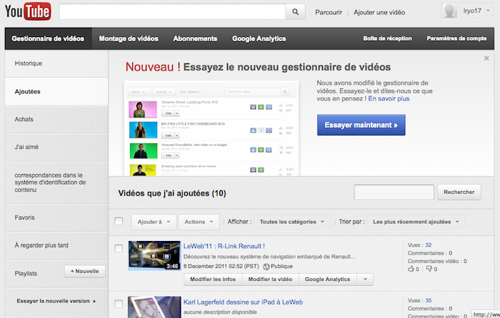 nouvelle interface pour la gestion des videos sur youtube 1