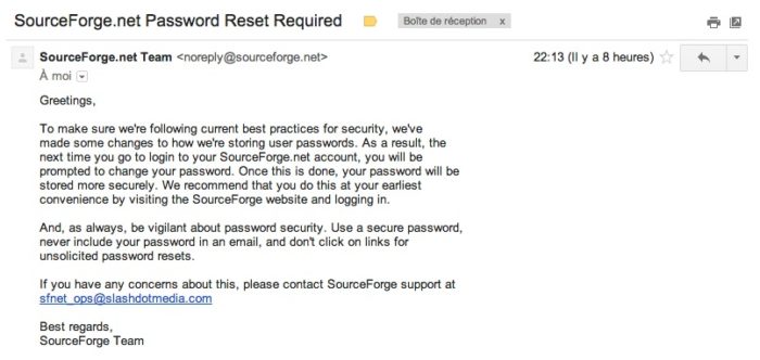 SourceForge pousse la réinitialisation de votre mot de passe
