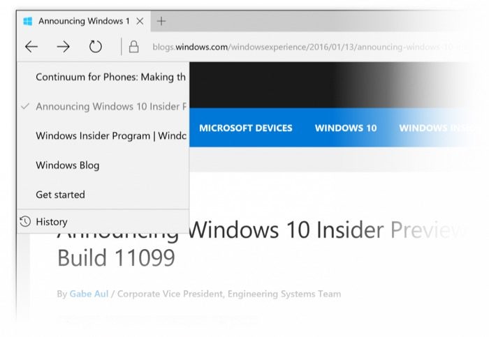 La build 11102 de Windows 10 pousse le menu historique dans Edge