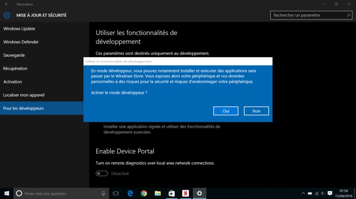 Windows 10 : activation du mode 'Pour les développeurs'