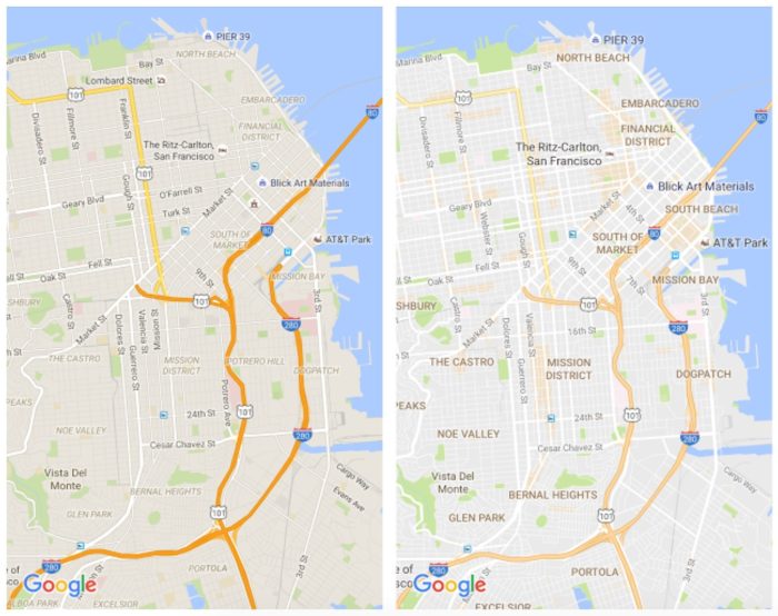 Ancienne version de Google Maps à gauche, la nouvelle à droite