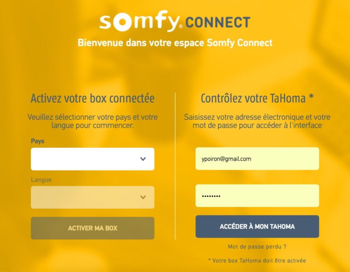 Somfy connect : création compte