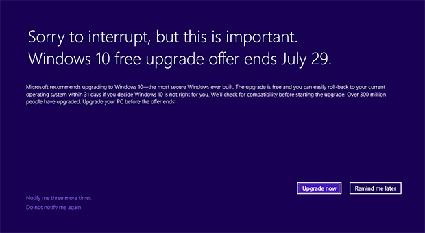 La dernière invitation de Microsoft pour Windows 10 est assez invasive 