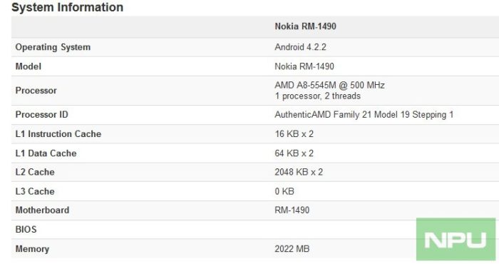 Benchmark Geekbench pour le Nokia RM-1490