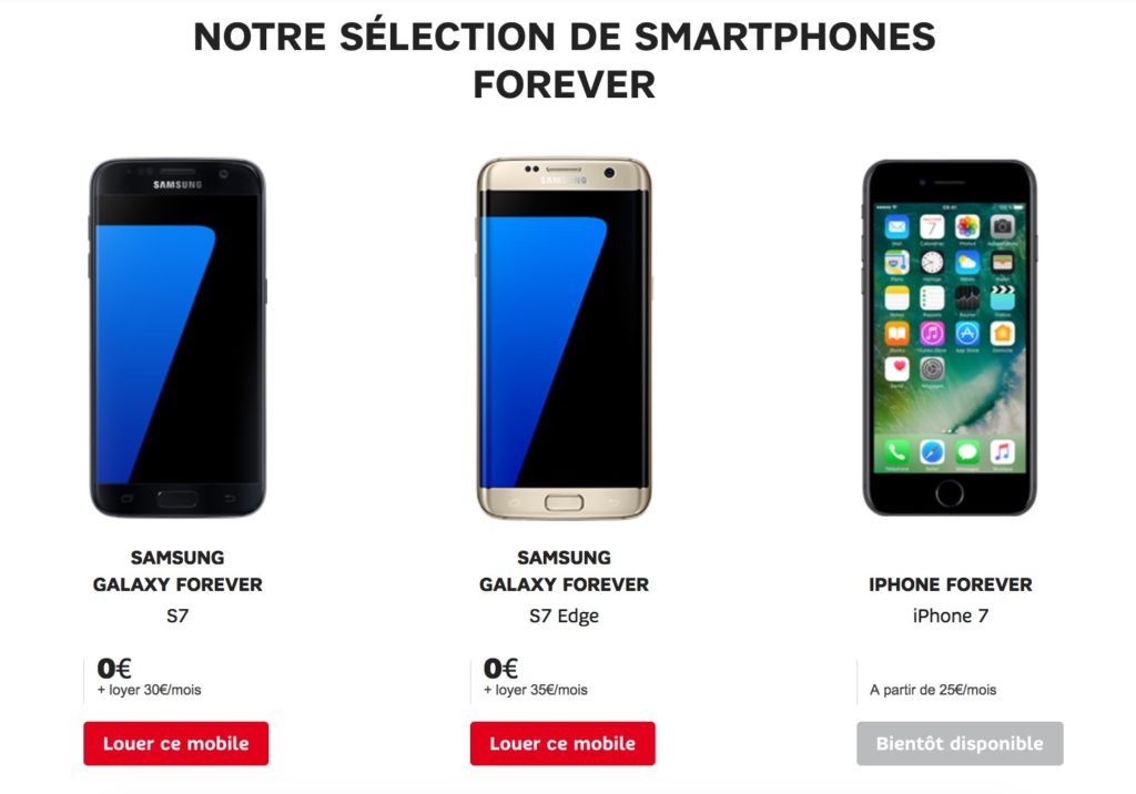 SFR lance son programme de location de mobiles avec l'iPhone 7 à 25€/mois 50 SFR Smartphone Forever : les smartphones disponibles en 2016