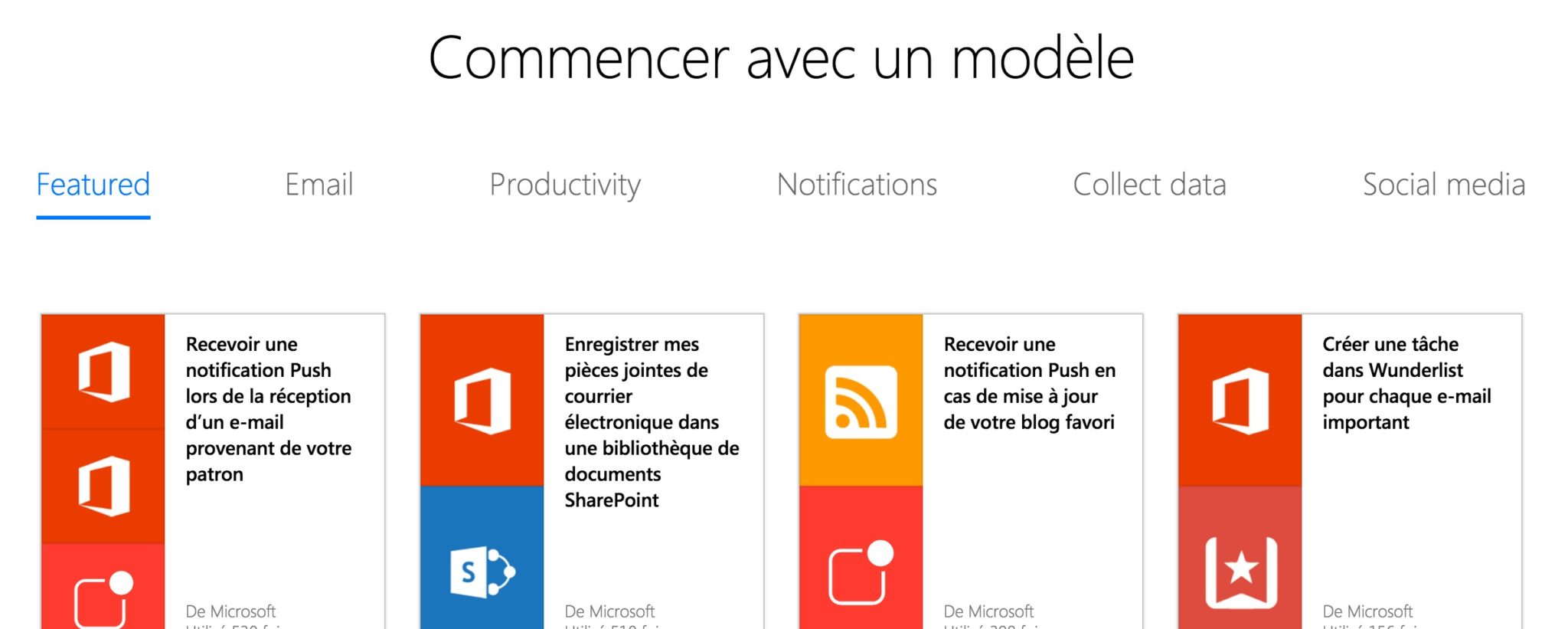 Microsoft Flow : choix d'un modèle parmi une liste de 58 services