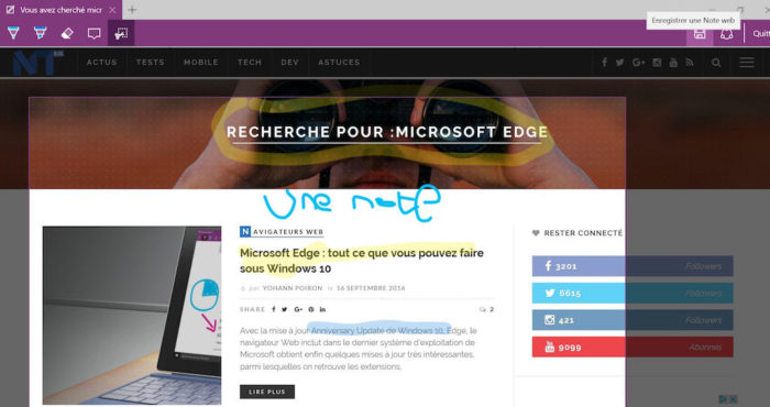 Même dans Edge vous pourrez annoter une page pour l'inclure dans OneNote