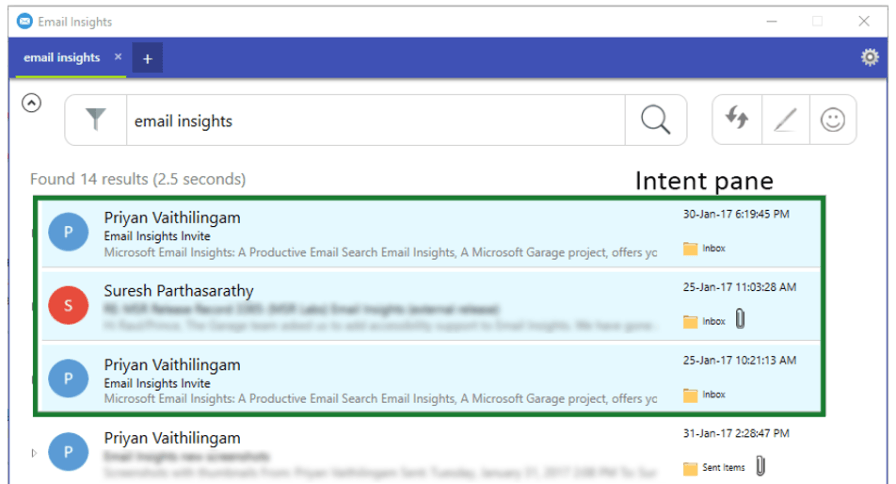 Email Insights screenshot intent pane