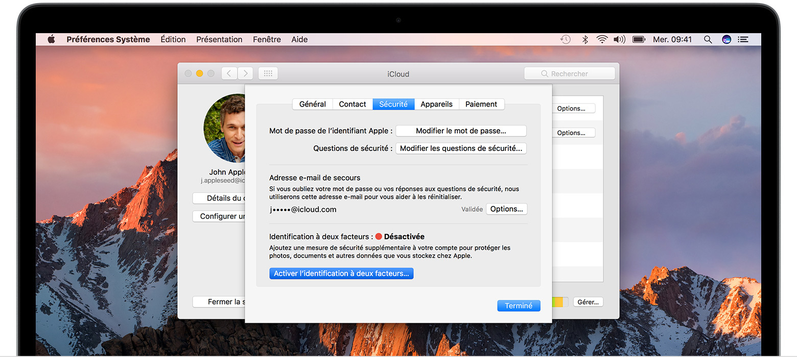macos sierra macbook pro system preferences icloud account details two factor authentication turn on hover