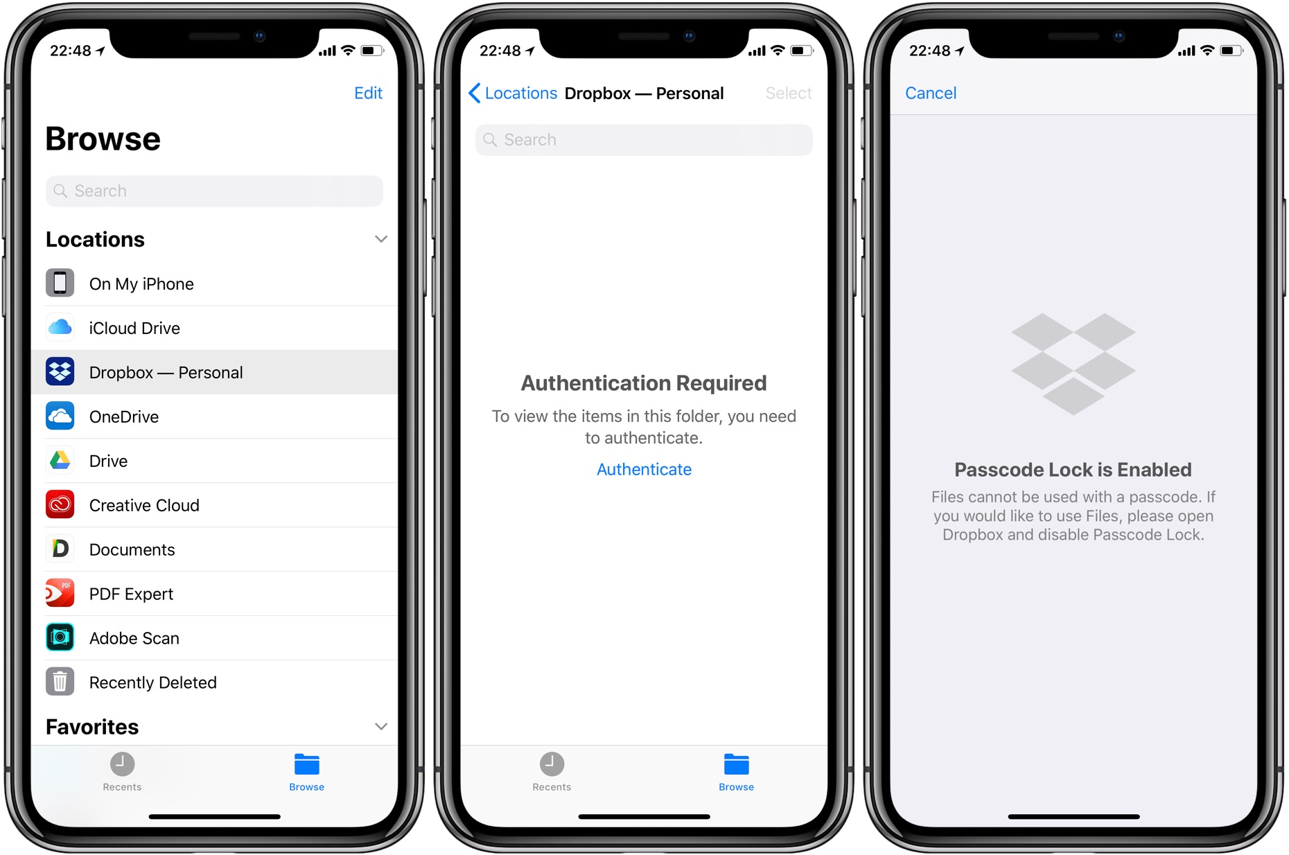 Google supprime le support Touch ID / Face ID sur Drive, Docs, Sheets & Slides 50 iOS 11 Files app Dropbox passcode lock error message screenshot 001