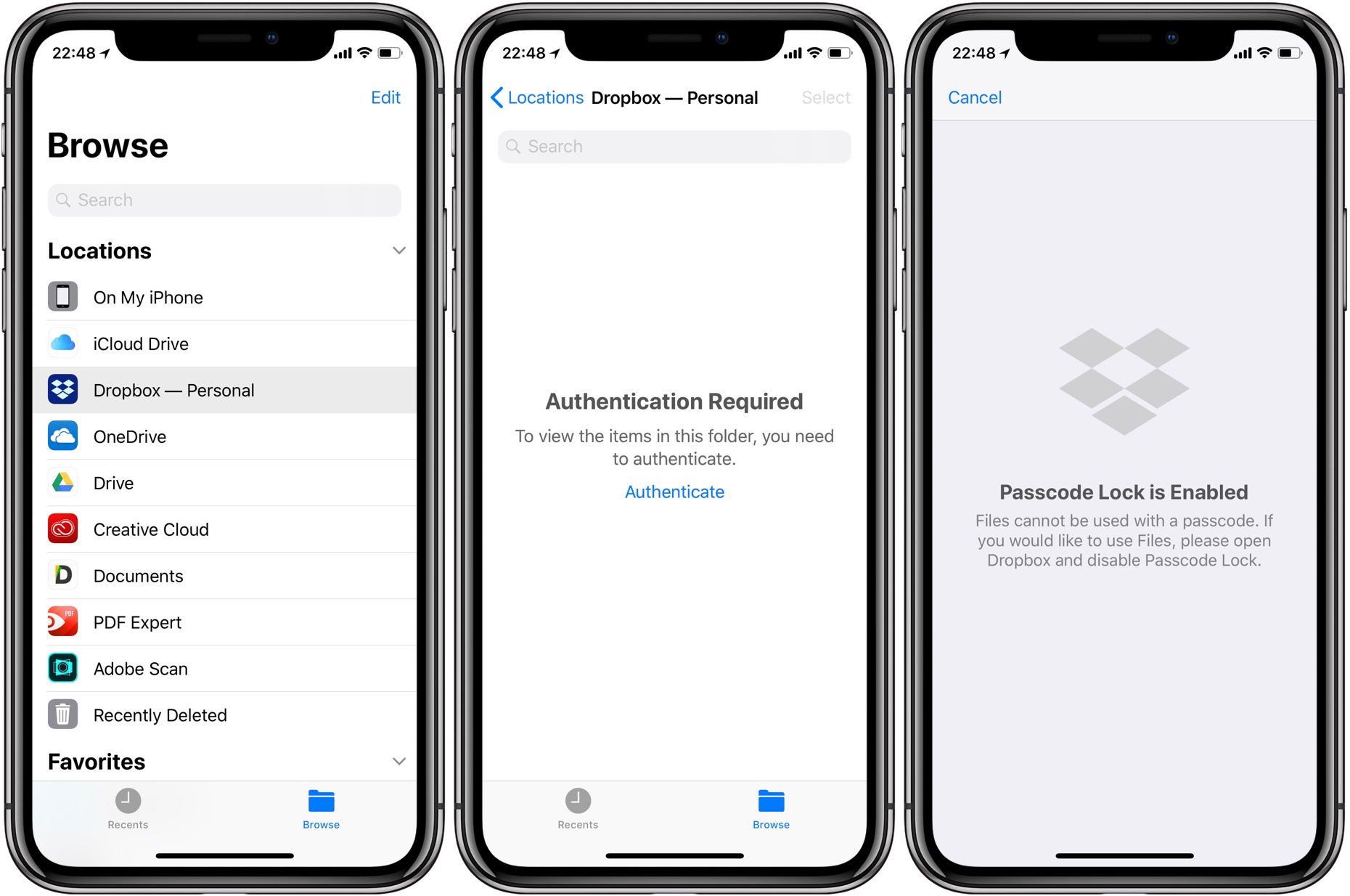 iOS 11 Files app Dropbox passcode lock error message screenshot 001