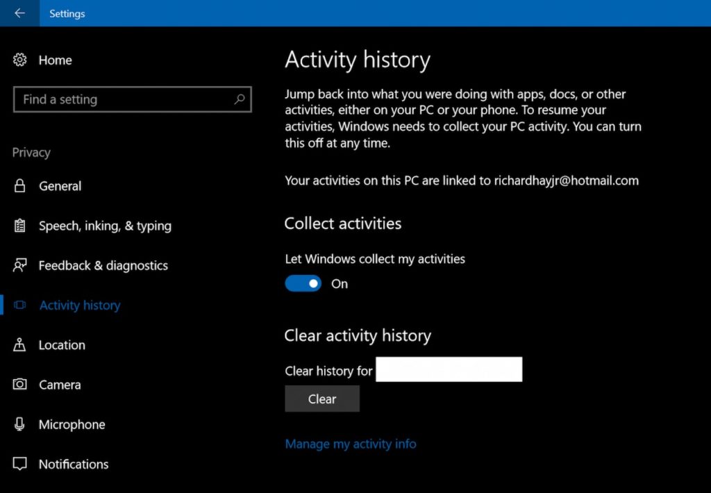 Windows Timeline : les paramètres de confidentialité apparaissent 51 privacyactivityhistory 1 1