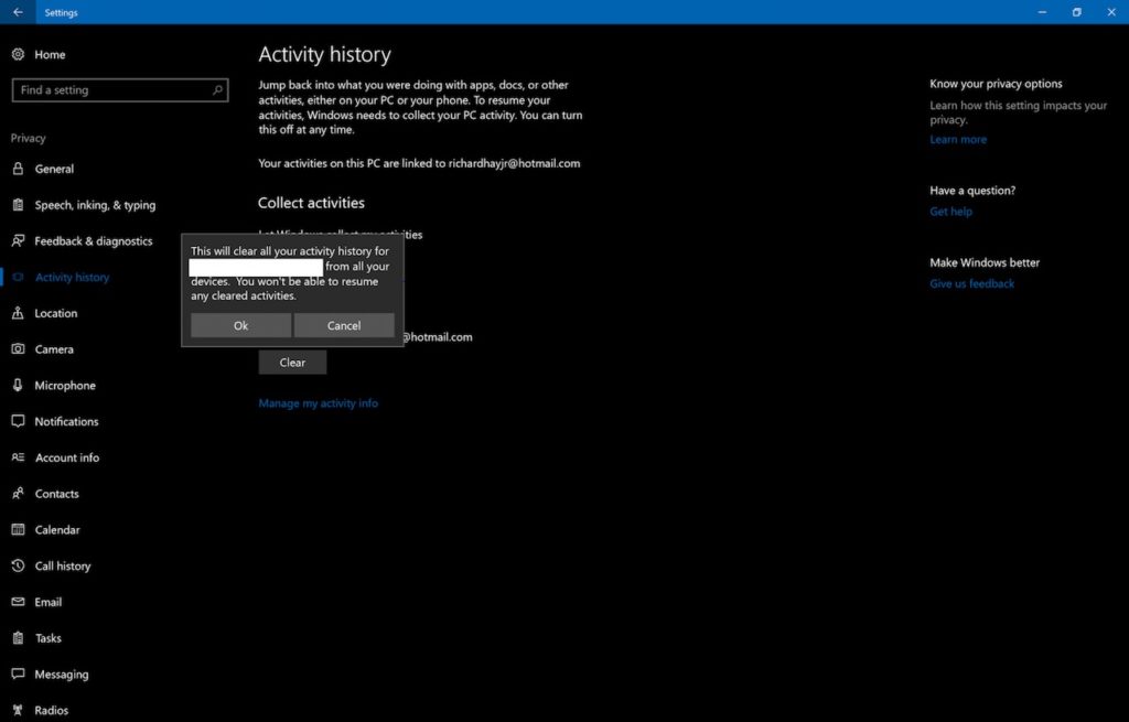 Windows Timeline : les paramètres de confidentialité apparaissent 52 privacyactivityhistory 2 2