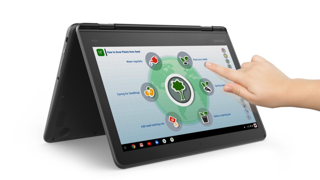 Voici les nouveaux ordinateurs portables Chrome OS et Windows de Lenovo 73 04 CHROMEBOOK 300e Tent Hero Front facing right Touch