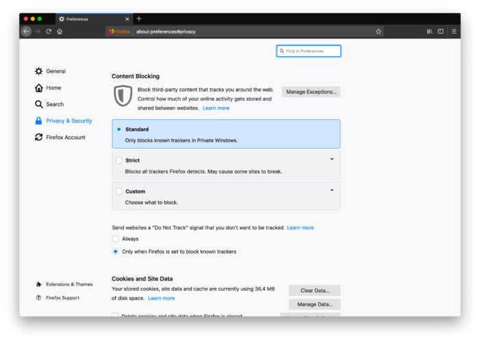 Firefox 65 ajoute de nouvelles options de confidentialité