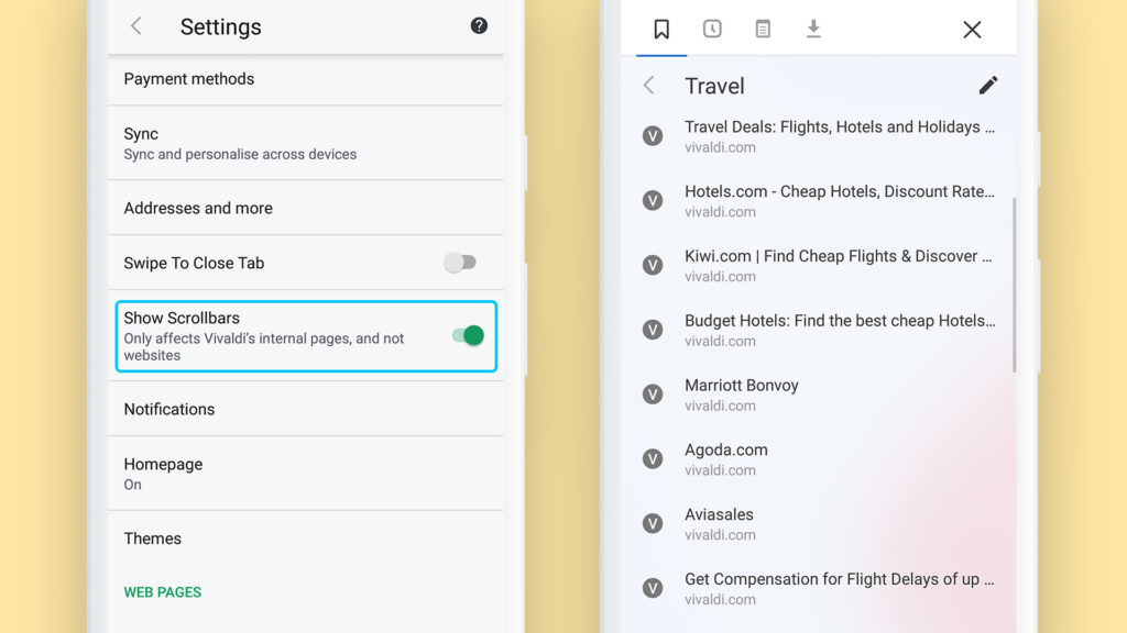 Vivaldi sur Android apporte des améliorations à l'interface utilisateur et la prise en charge de Chromebook 51 Scrollbars