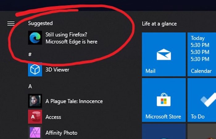 Le menu Démarrer de Windows 10 recommande aux utilisateurs de Firefox de passer à Edge