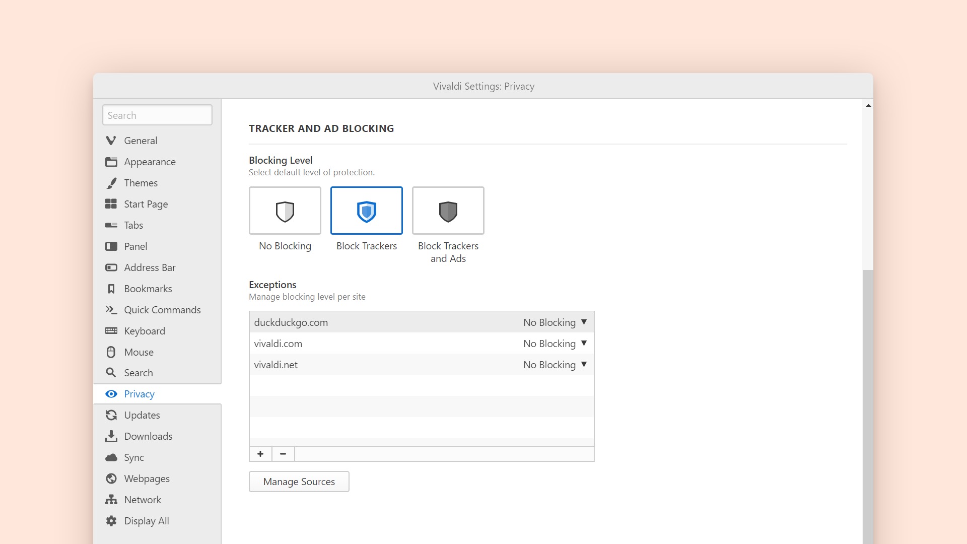 vivaldi desktop features privacy settings