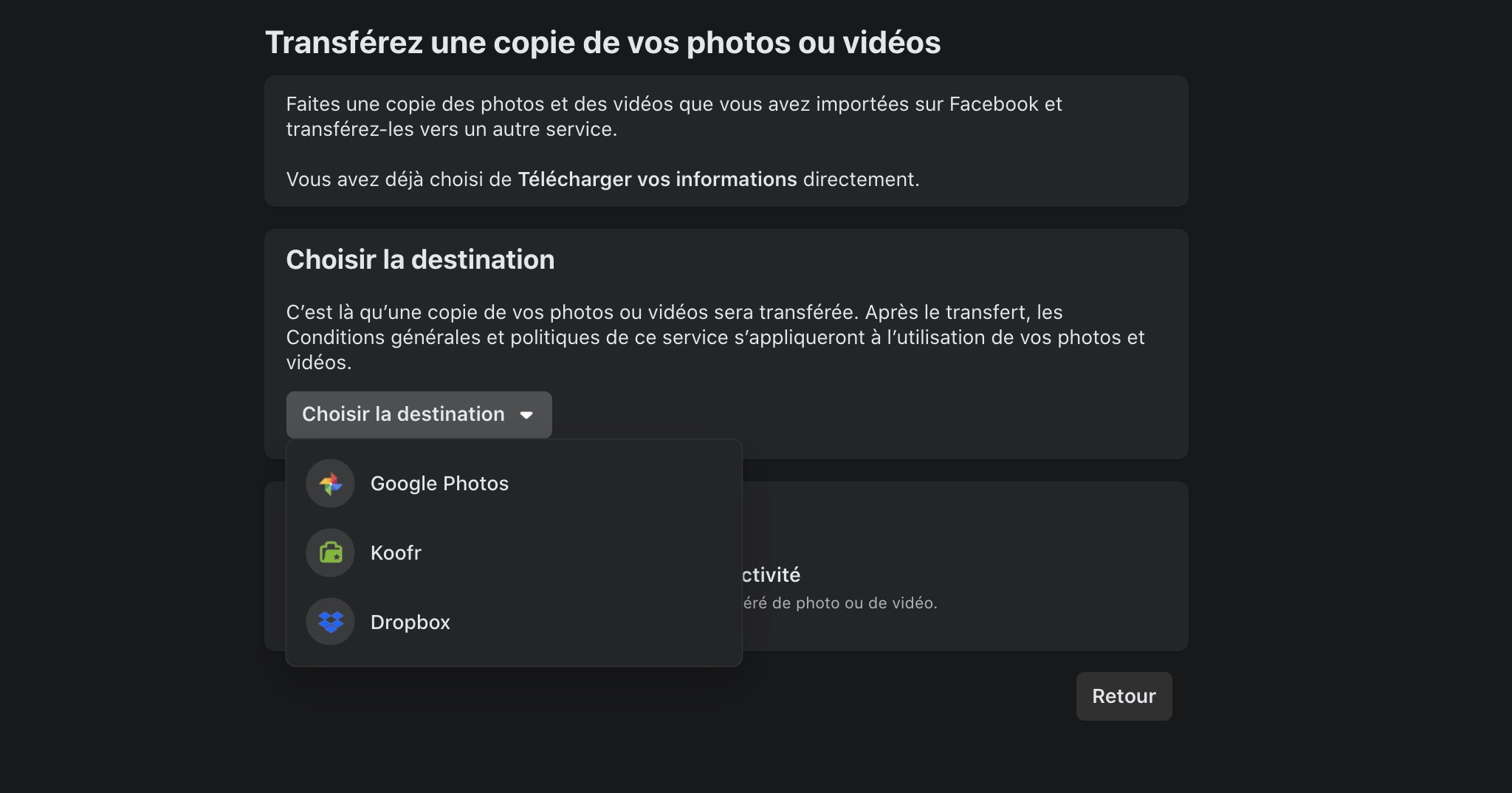 facebook facilite transfert photos et videos vers dropbox et koofr