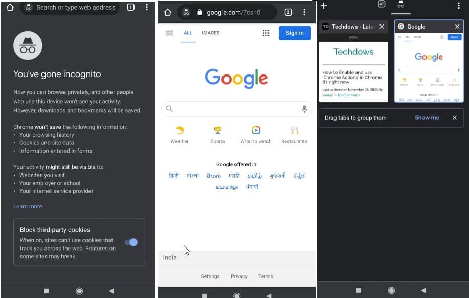 Chrome incognito tabs screenshot