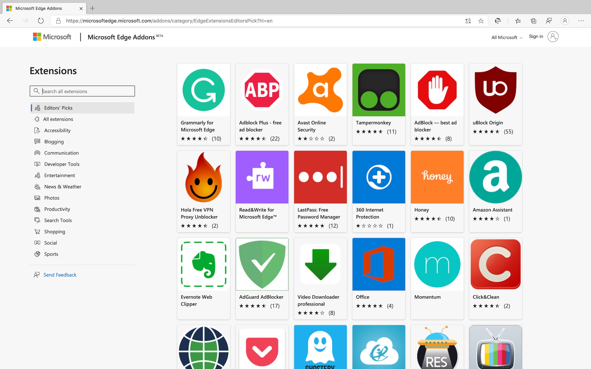 microsoft edge extensions add on