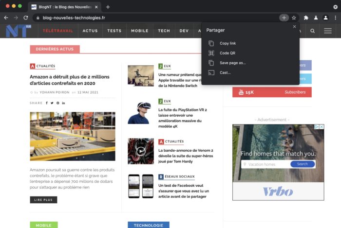 Chrome travaille sur un hub de partage de bureau avec la copie de liens, un QR code, etc